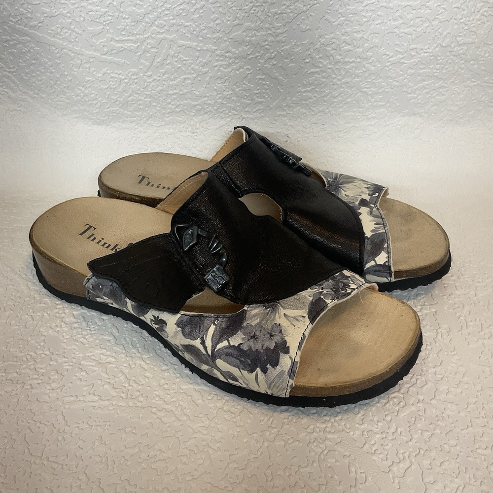 LKNW! Think! Black Leather upper Mizzi Slip On Sandals Cork Womens EU 42 US 11
